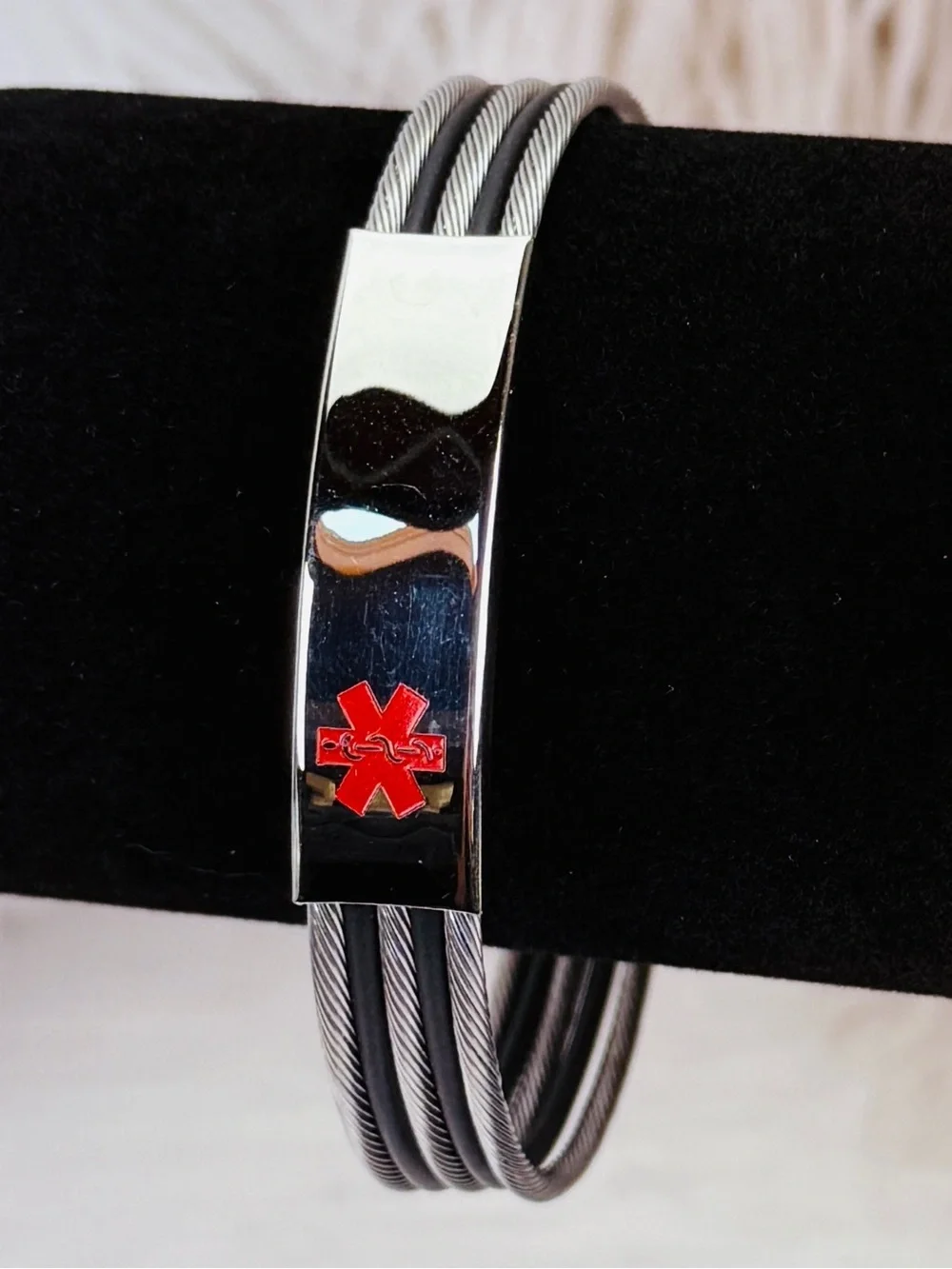 Stainless Steel Silvertone Black Unisex Medical Alert ID Bracelet